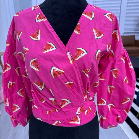 COLOR ME COURTNEY True Wrap Watermelon Summer Poplin Cotton Top Medium VGUC - Picture 5 of 8